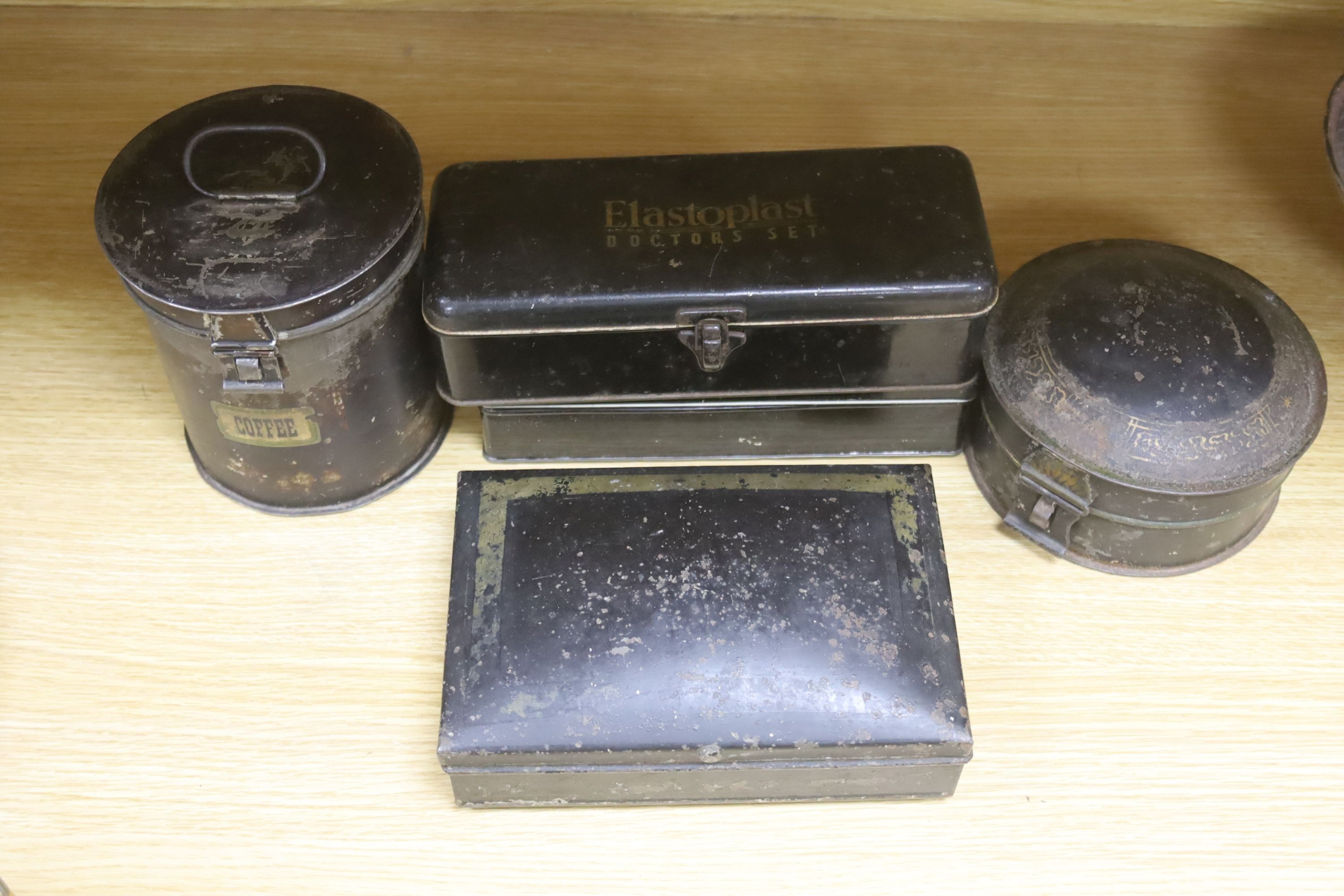 Two 19th century Toleware spice boxes, widest 20cm, and five storage tins